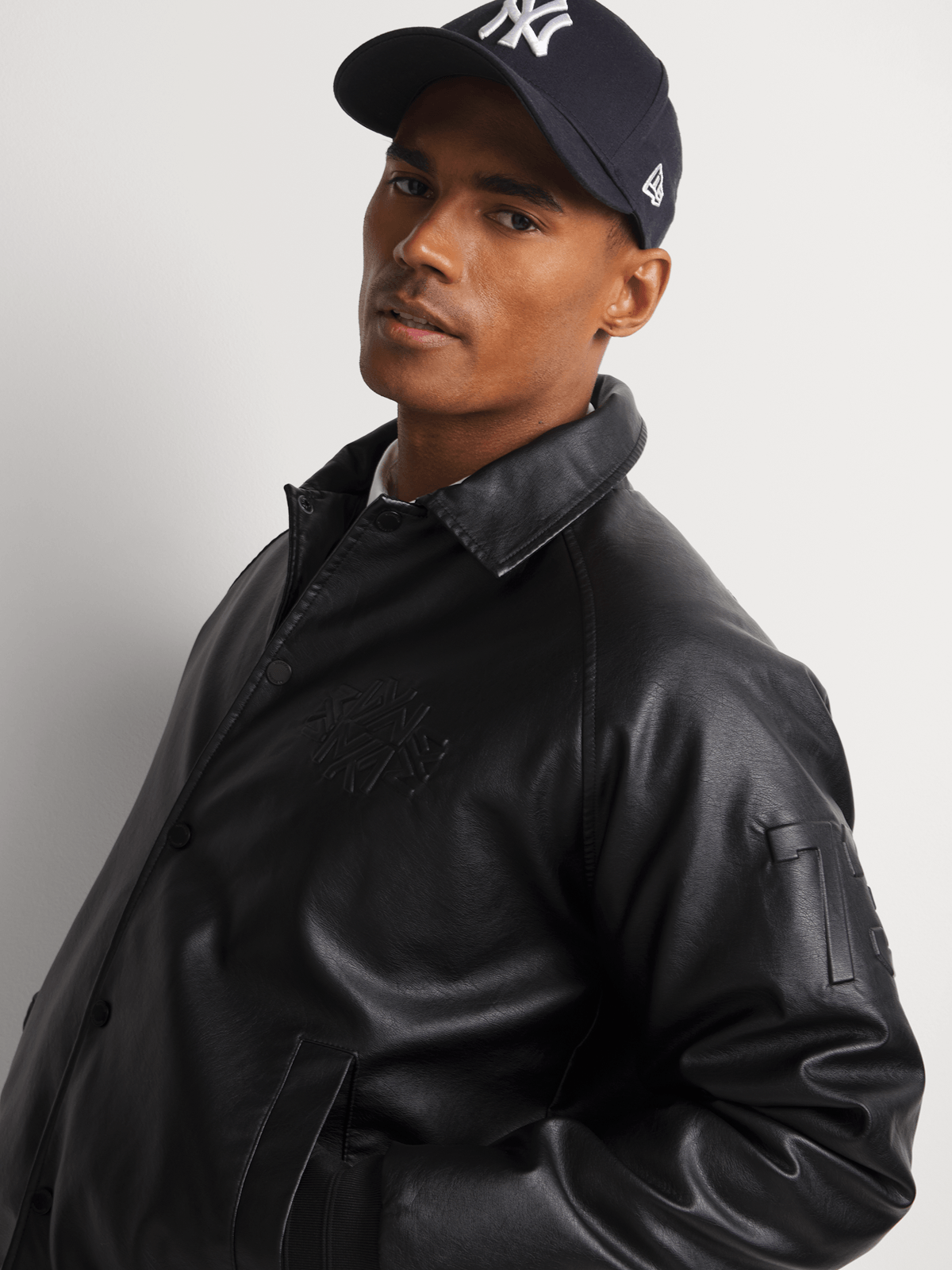 Embossed Detail PU Black Bomber Jacket PUFF CITY