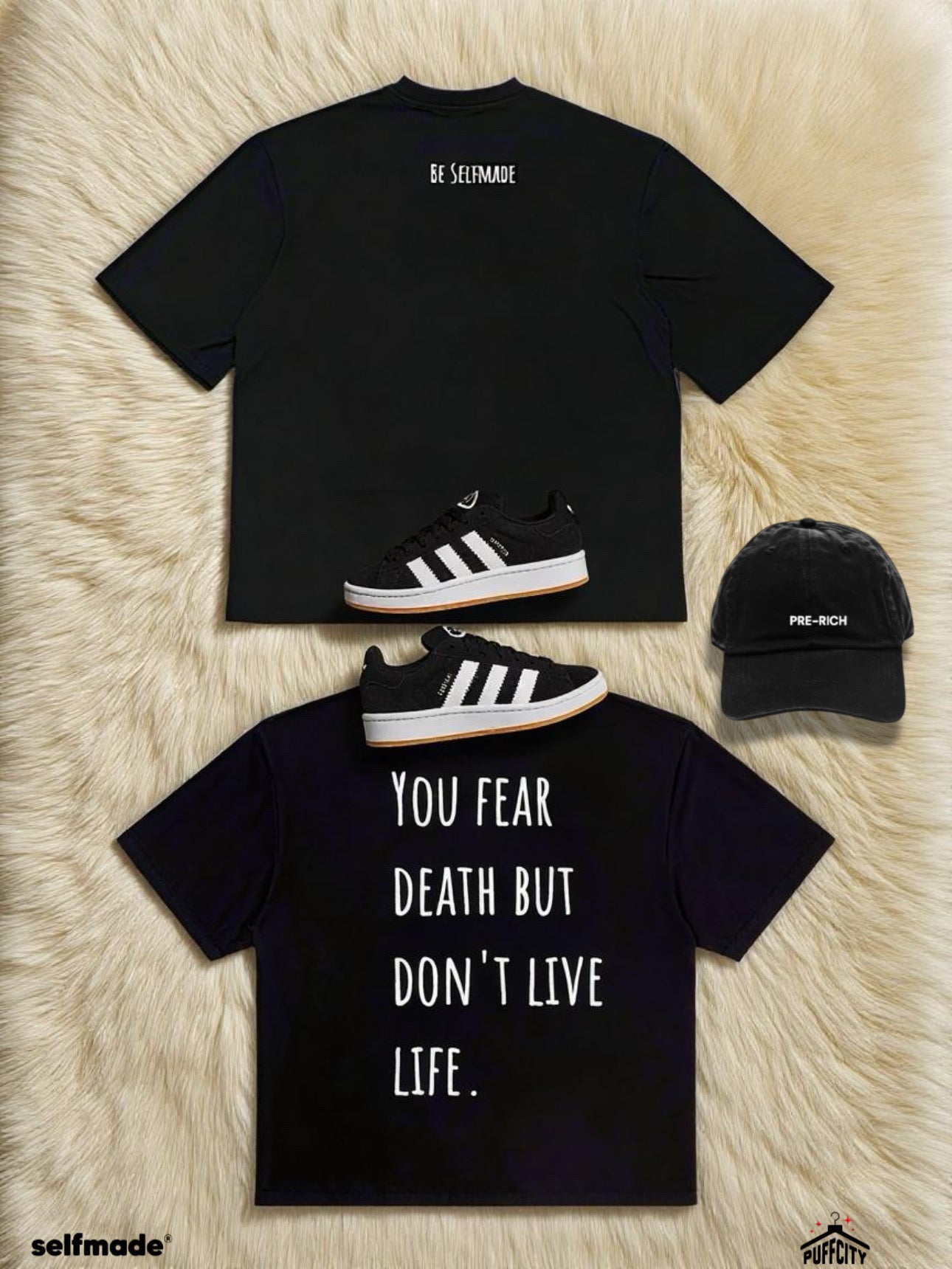 SELF-MADE“Live Life” TEE + ADIDAS CAMPUS + PRE-RICH CAP